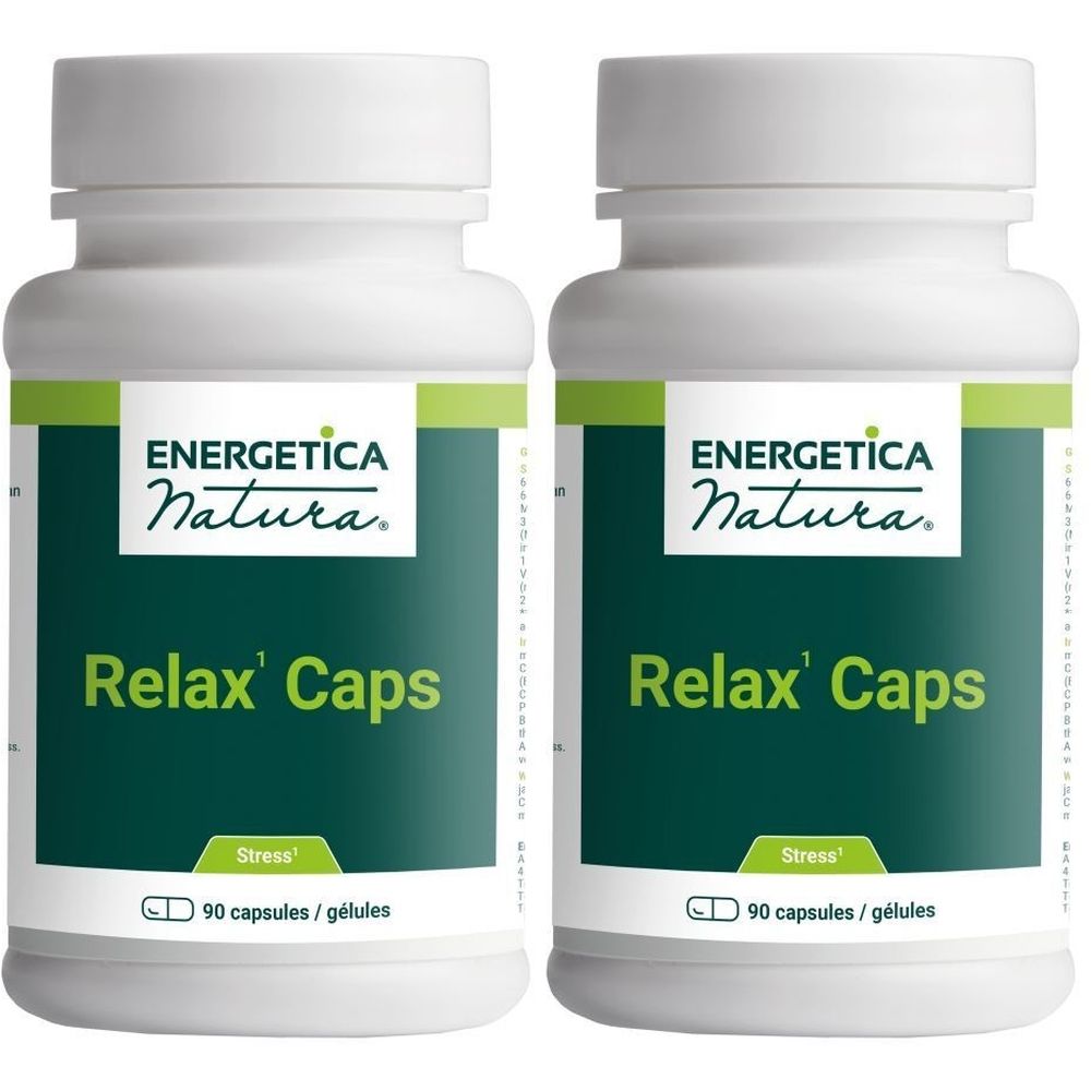 Twee witte flessen met groene etiketten. Op de etiketten staat "ENERGETICA Natura" en "Relax' Caps".