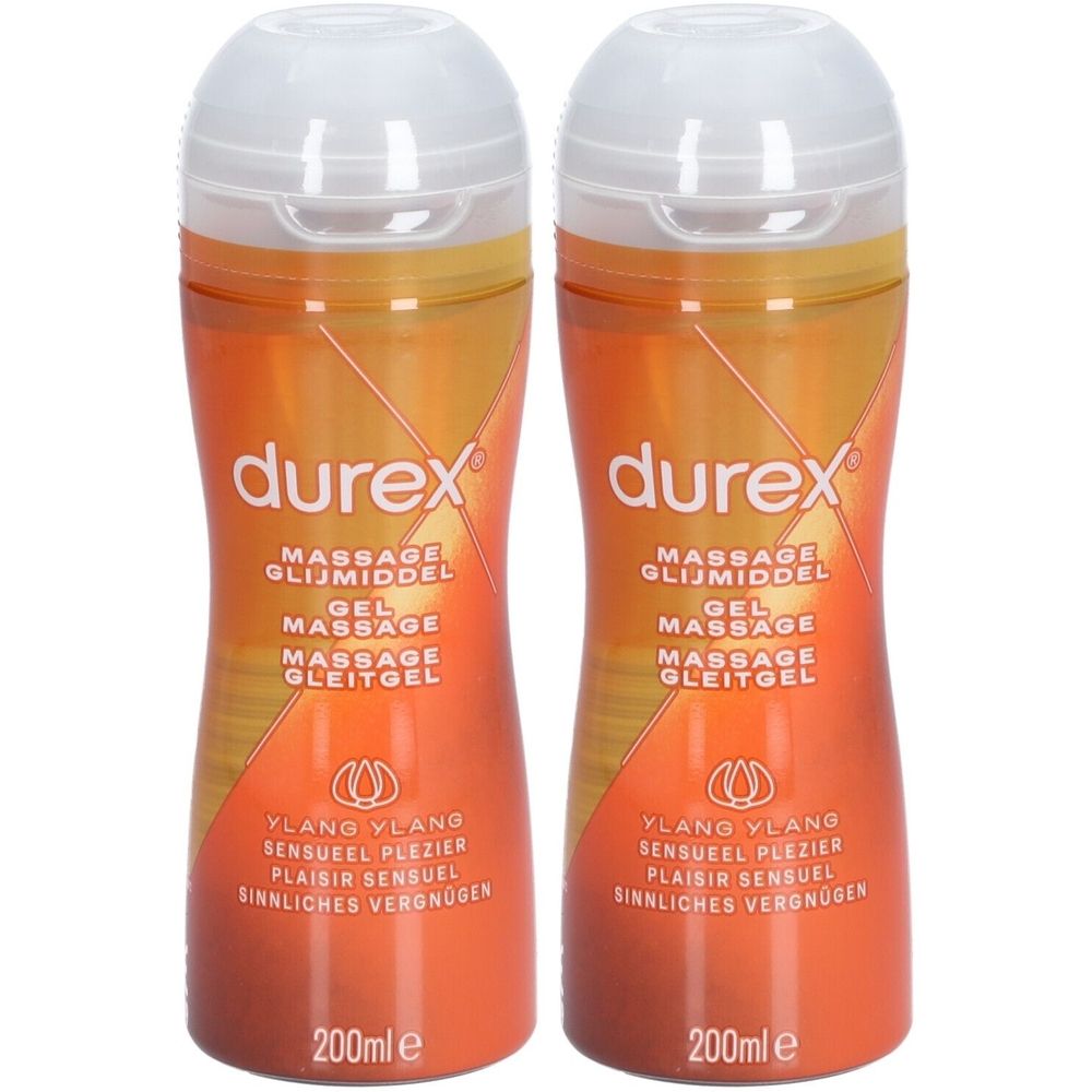 Twee flessen Durex massagegel. Oranje flessen met witte dop. Opschrift: Massage, Ylang Ylang, 200ml.