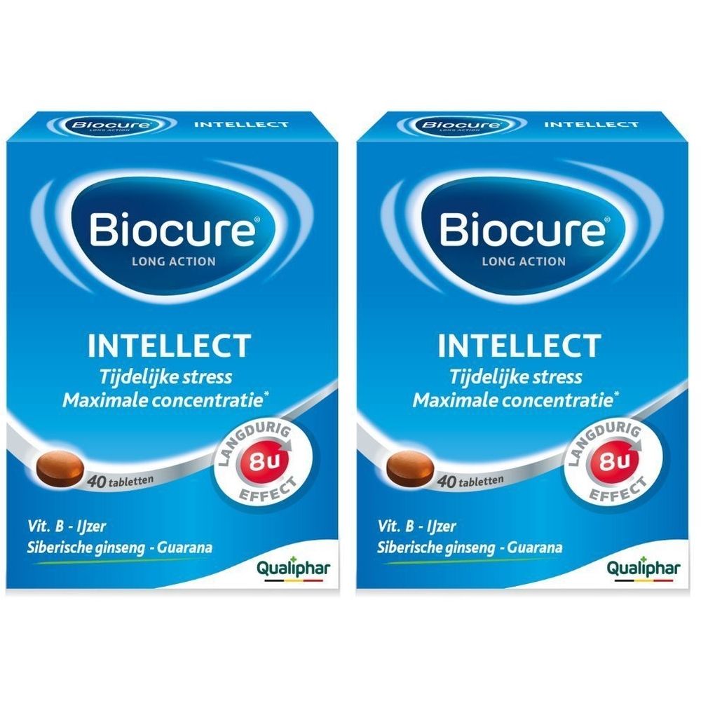 Twee blauwe dozen 'Biocure Intellect'. Bevat 40 tabletten. Met 'Siberische ginseng - Guarana'.