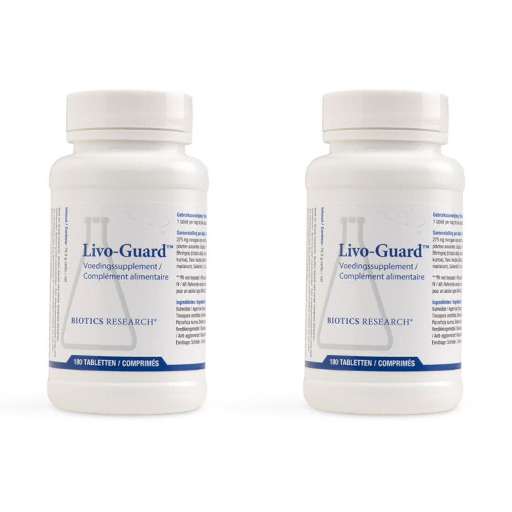 Twee witte flessen met "Livo-Guard" label. Opschrift: "Voedingssupplement/Complément alimentaire". Merk: Biotics Research. 180 tabletten.