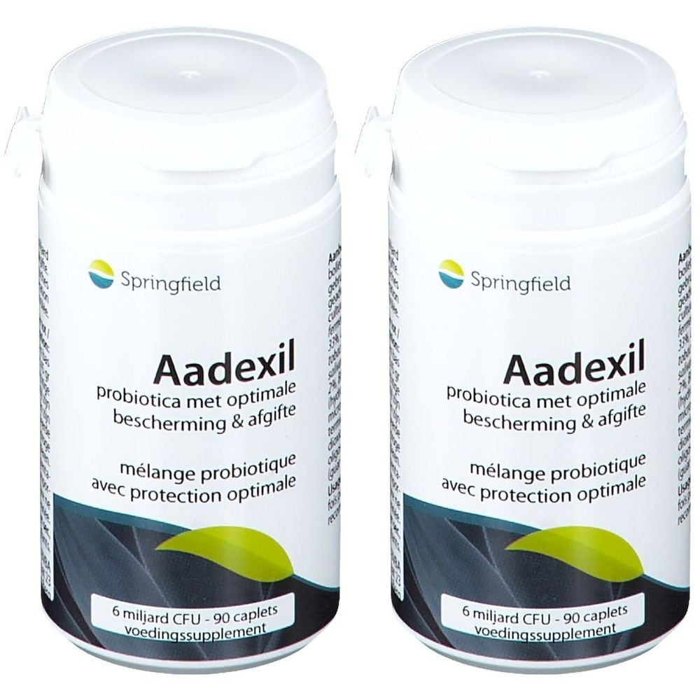Twee witte flessen Aadexil. Opschrift: probiotica met optimale bescherming & afgifte. Probiotische mix.