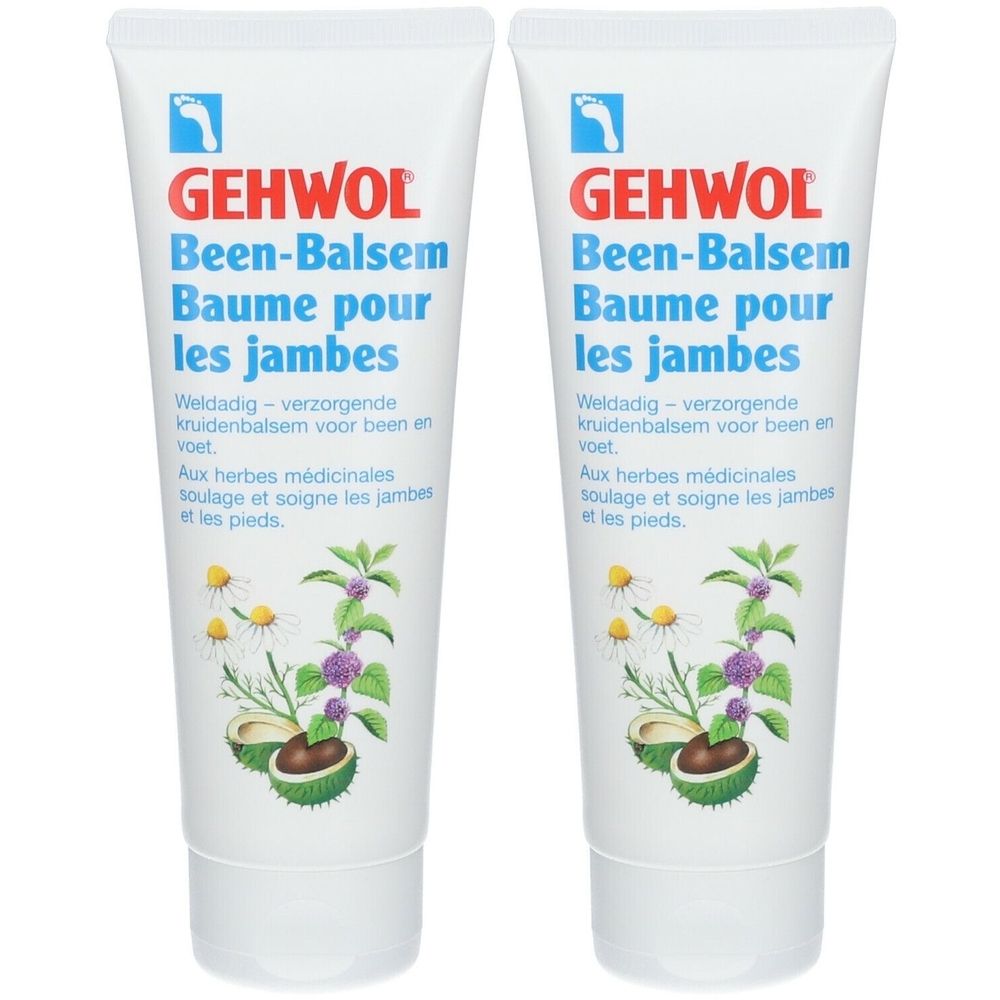 Deux tubes blancs avec texte bleu et rouge. Inscription: GEHWOL Been-Balsem Baume pour les jambes. Illustrations de plantes.