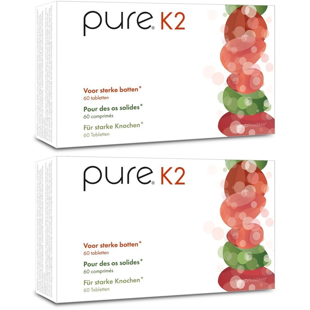 Twee witte dozen met "pure. K2" logo. Tekst in het Nederlands, Frans en Duits. Illustratie van rode en groene vormen.