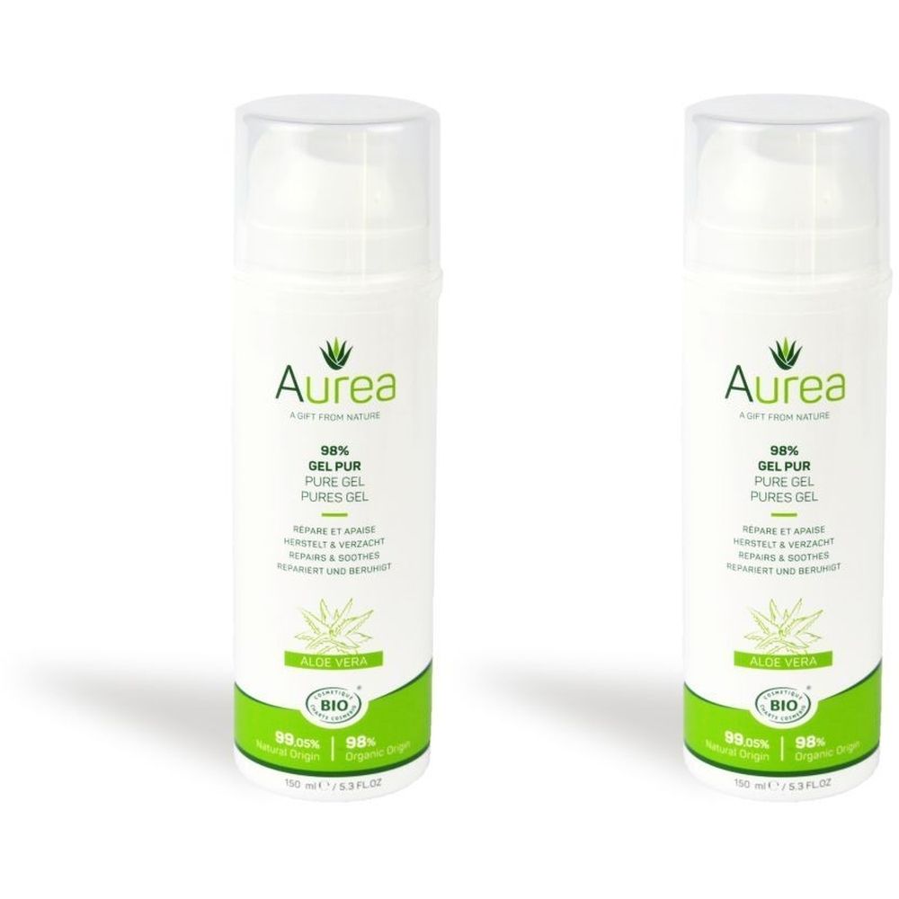 Twee witte flessen met Aurea-logo, 98% Gel Pur, Aloe Vera en Bio-keurmerk. Transparante dop, groene accenten.