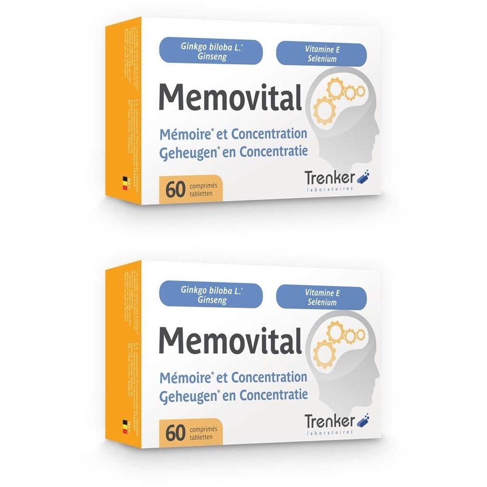 Twee dozen Memovital. Opschrift: Mémoire et Concentration, Geheugen en Concentratie. Bevat 60 tabletten. Merk: Trenker.