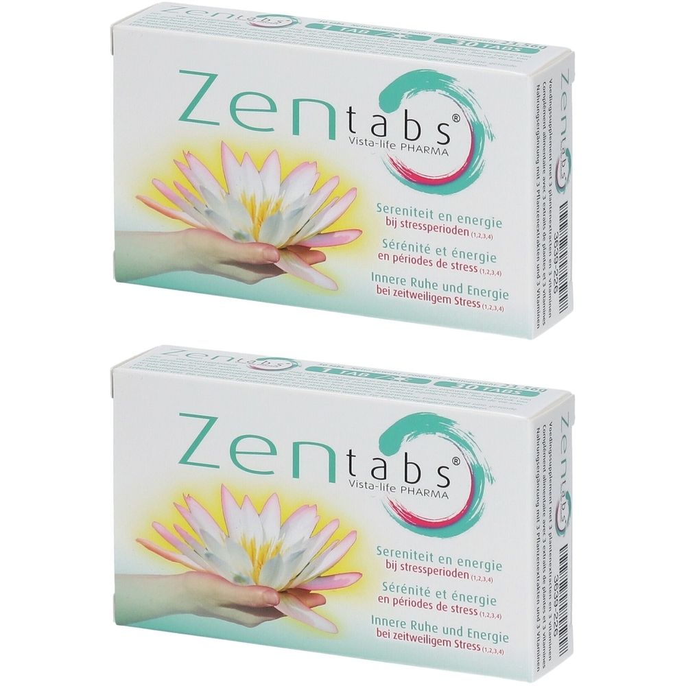 Twee dozen met "Zentabs". Opschriften in het Nederlands, Frans en Duits. Illustratie van een lotusbloem.