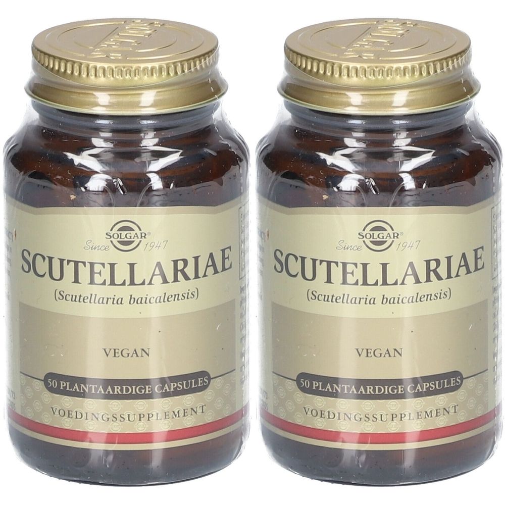 Twee bruine glazen flessen met gouden doppen. Labels met "SOLGAR" en "SCUTELLARIAE". Vegan, 50 capsules.