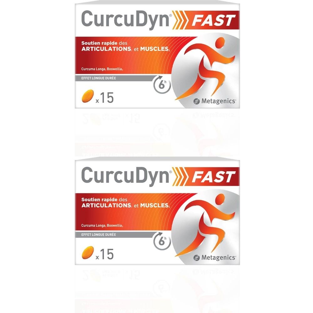 Deux boîtes de Curcudyn Fast. Inscription: Soutien rapide des articulations et muscles. 15 comprimés. Metagenics.
