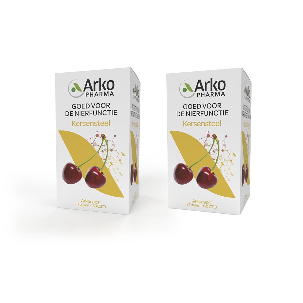 Zwei weiße Schachteln. Aufschrift: Arkopharma, Kersenstelen. Abbildung von Kirschen.