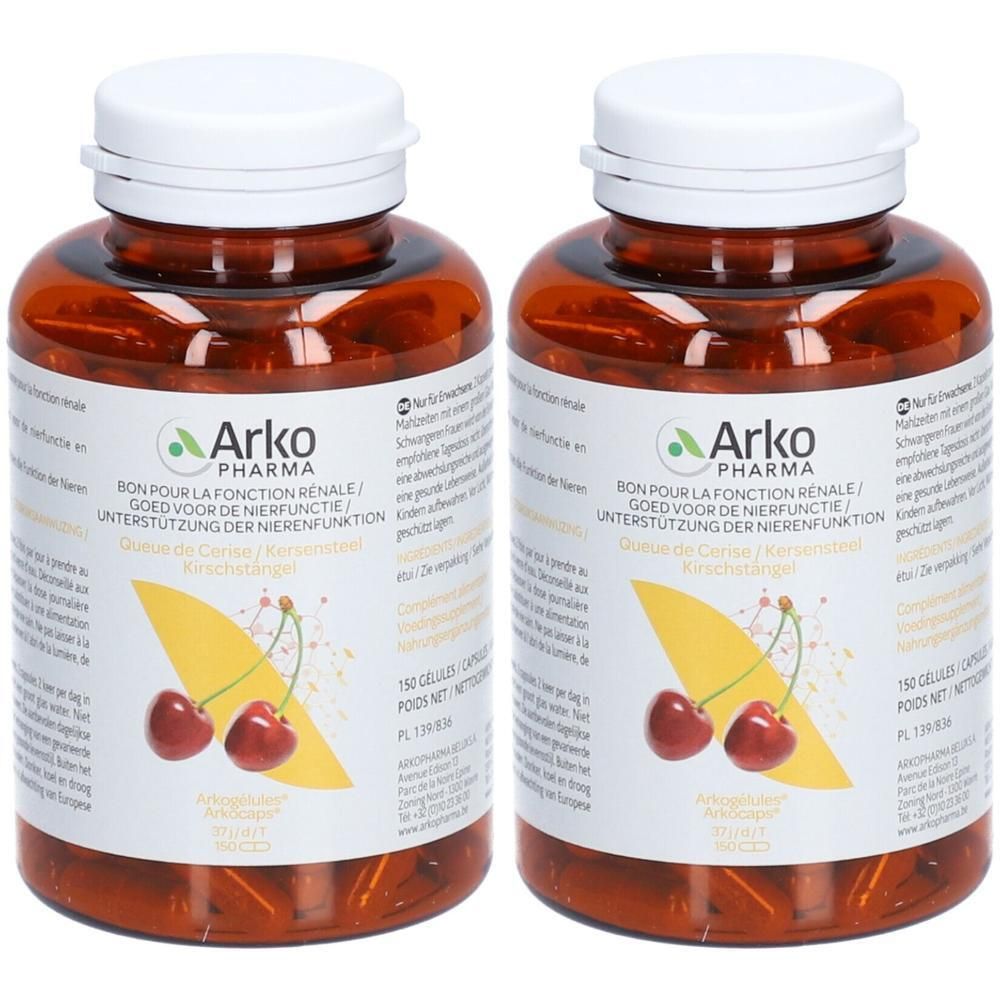 Zwei braune Flaschen mit weißen Deckeln. Aufschrift: Arkopharma, Queues de Cerise, Kirschstängel. Abbildung von Kirschen.