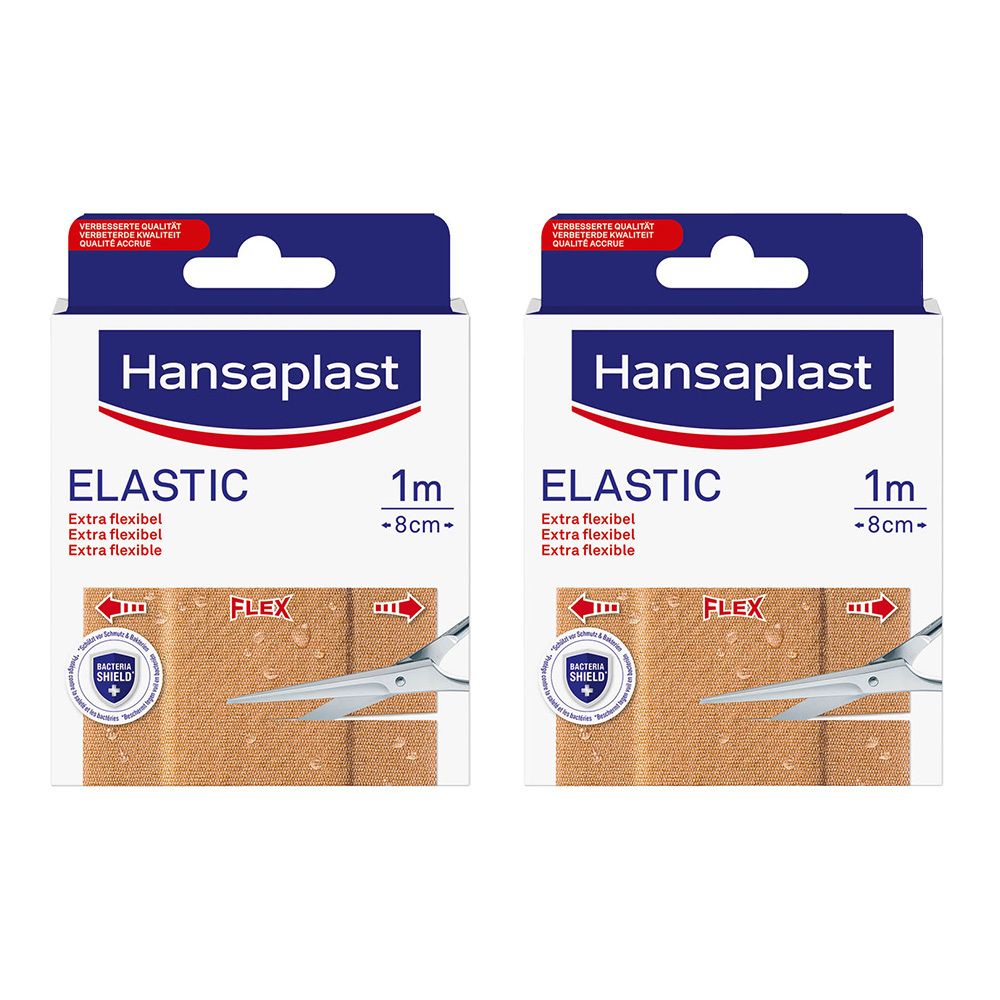 Twee verpakkingen Hansaplast Elastic. Opschrift: Elastic, 1 m x 8 cm. Flexibel verband met bacteriebescherming.