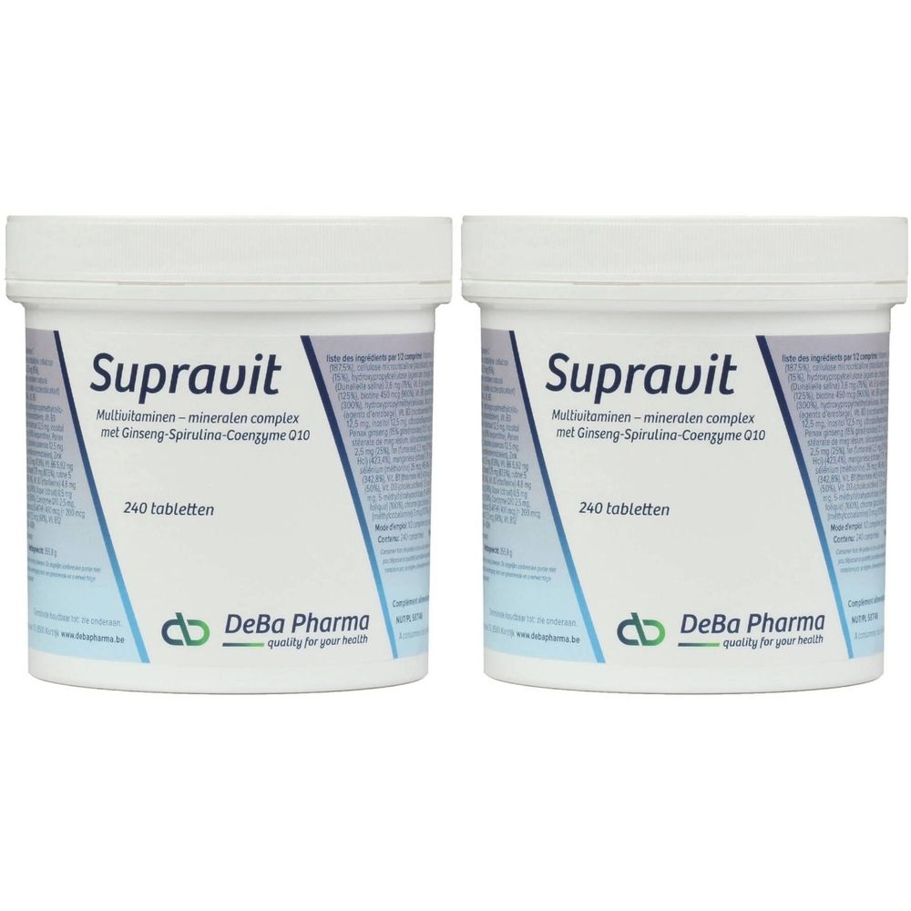 Twee witte potten met de tekst "Supravit". Daaronder "DeBa Pharma". Opschrift: 240 tabletten.