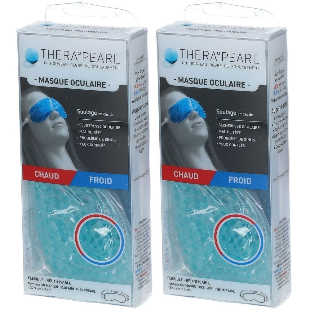 Twee verpakkingen Therapearl oogmasker. Blauw masker in transparante verpakking. Tekst: MASQUE OCULAIRE, CHAUD, FROID.