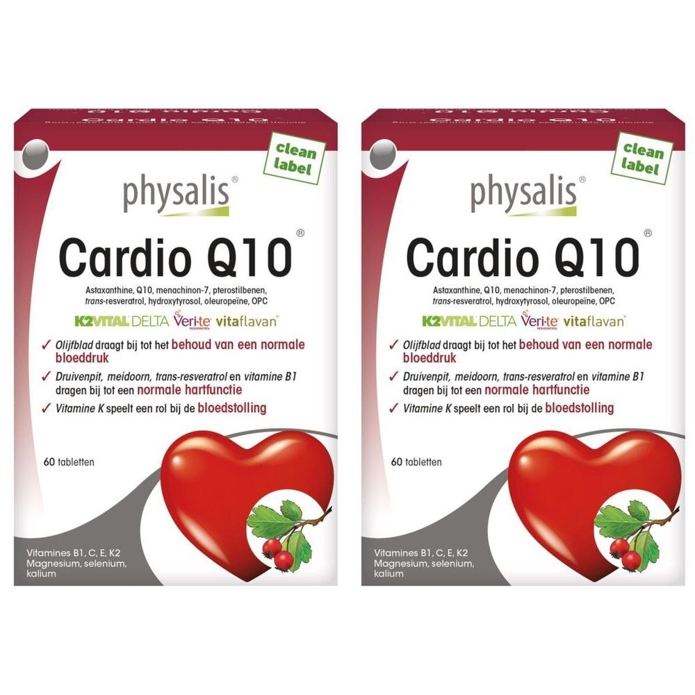 Twee verpakkingen Physalis Cardio Q10. Witte dozen met rood hartmotief. Tekst: Cardio Q10, 60 tabletten, Vital Delta.
