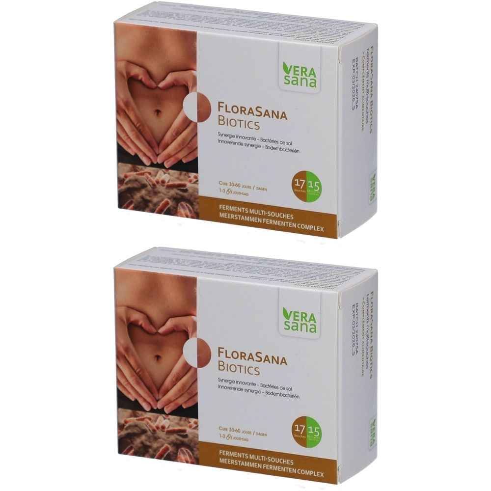 Twee witte dozen met productopdruk. Opdruk: Vera Sana, FloraSana Biotics. Illustratie van een buik met handen in hartvorm.