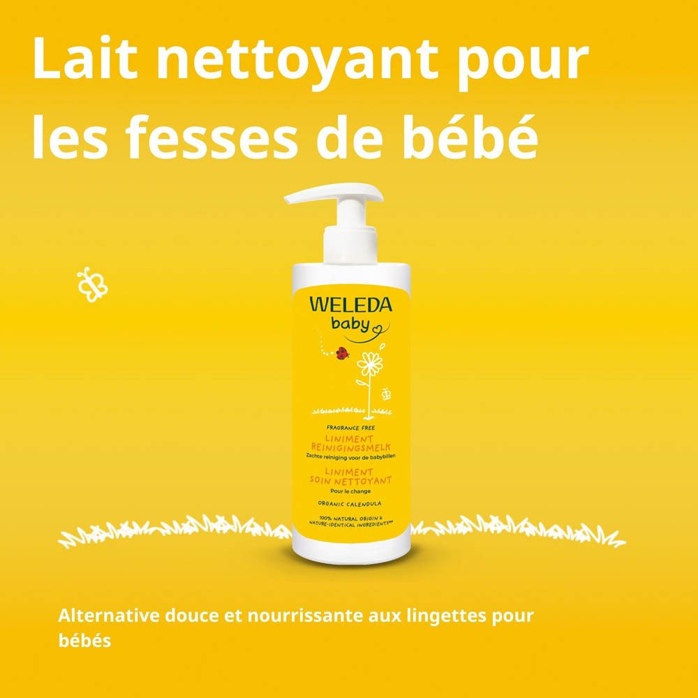 WELEDA Baby Lait nettoyant Calendula en flacon pompe, avec motif de coccinelle et de fleurs.