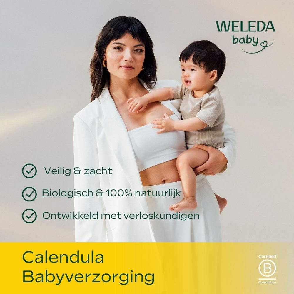 WELEDA Baby Calendula Reinigingsmelk in pompfles, met lieveheersbeestje en bloemmotief.