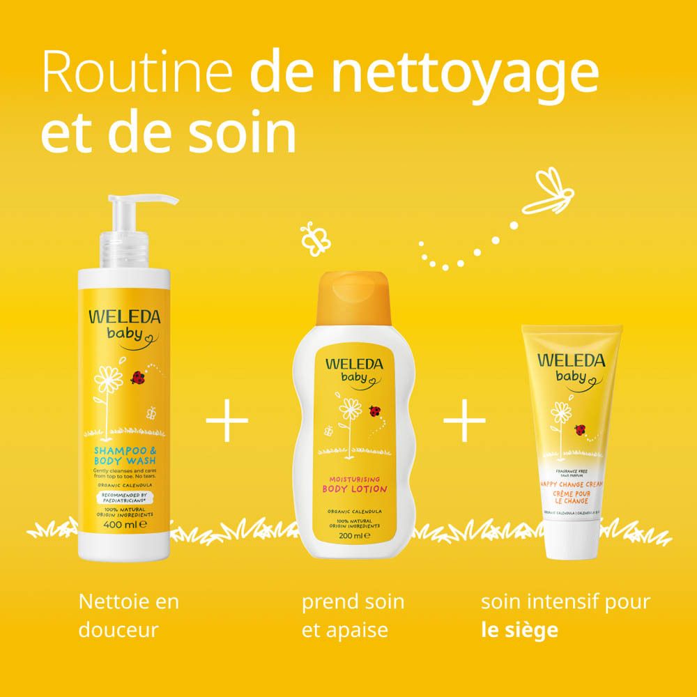 WELEDA Baby Lait nettoyant Calendula en flacon pompe, avec motif de coccinelle et de fleurs.