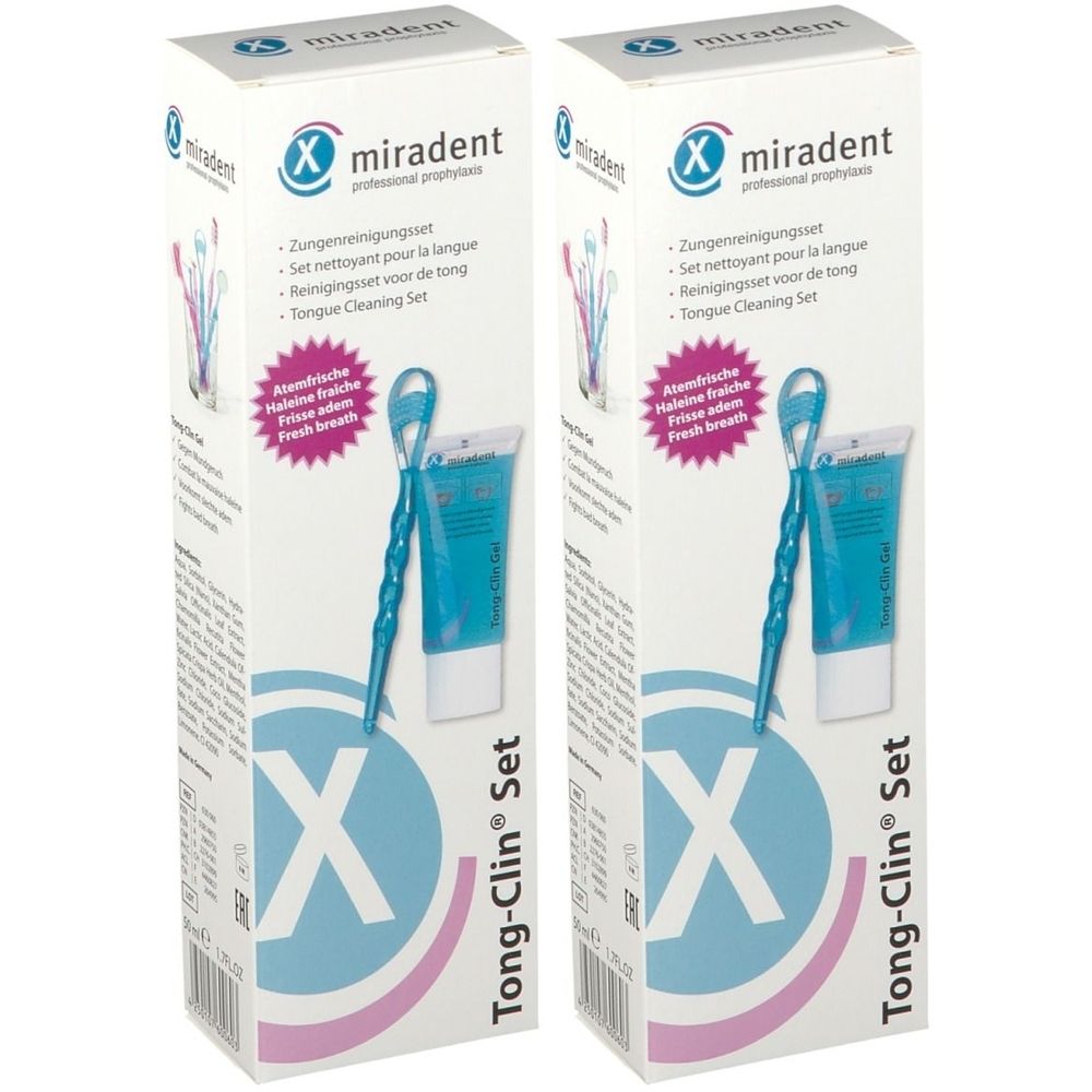 Deux sets Miradent Tong-Clin. Chaque set comprend un gratte-langue et un tube de gel. Emballés dans des boîtes blanches avec des graphiques bleus et roses.
