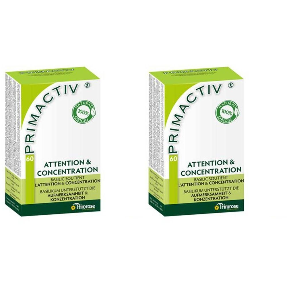 Deux boîtes PRIMACTIV Attention & Concentration. Emballage vert et blanc avec logo et texte. 100% naturel.