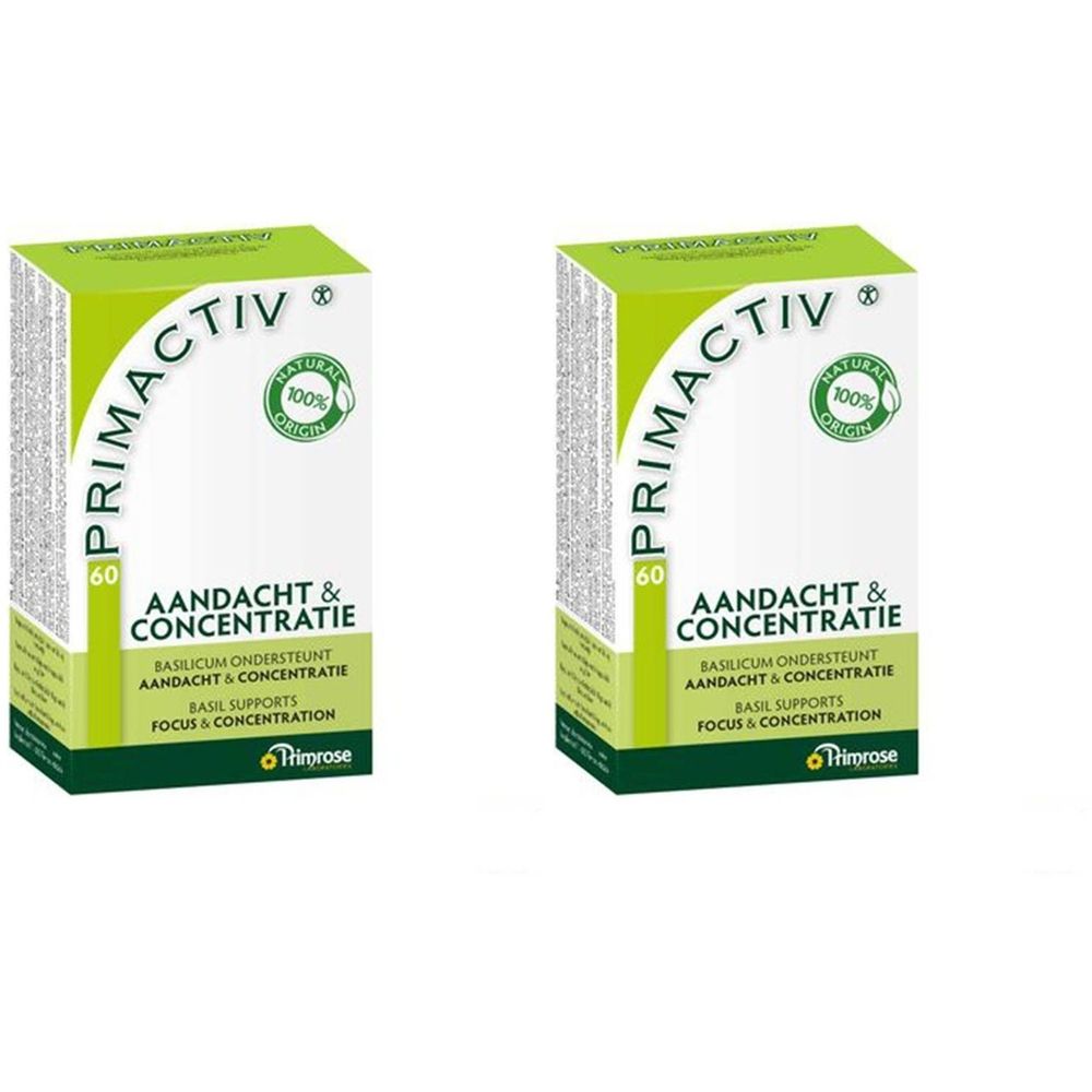 Twee dozen PRIMACTIV Aandacht & Concentratie. Groen-witte verpakking met logo en tekst. 100% natuurlijk.