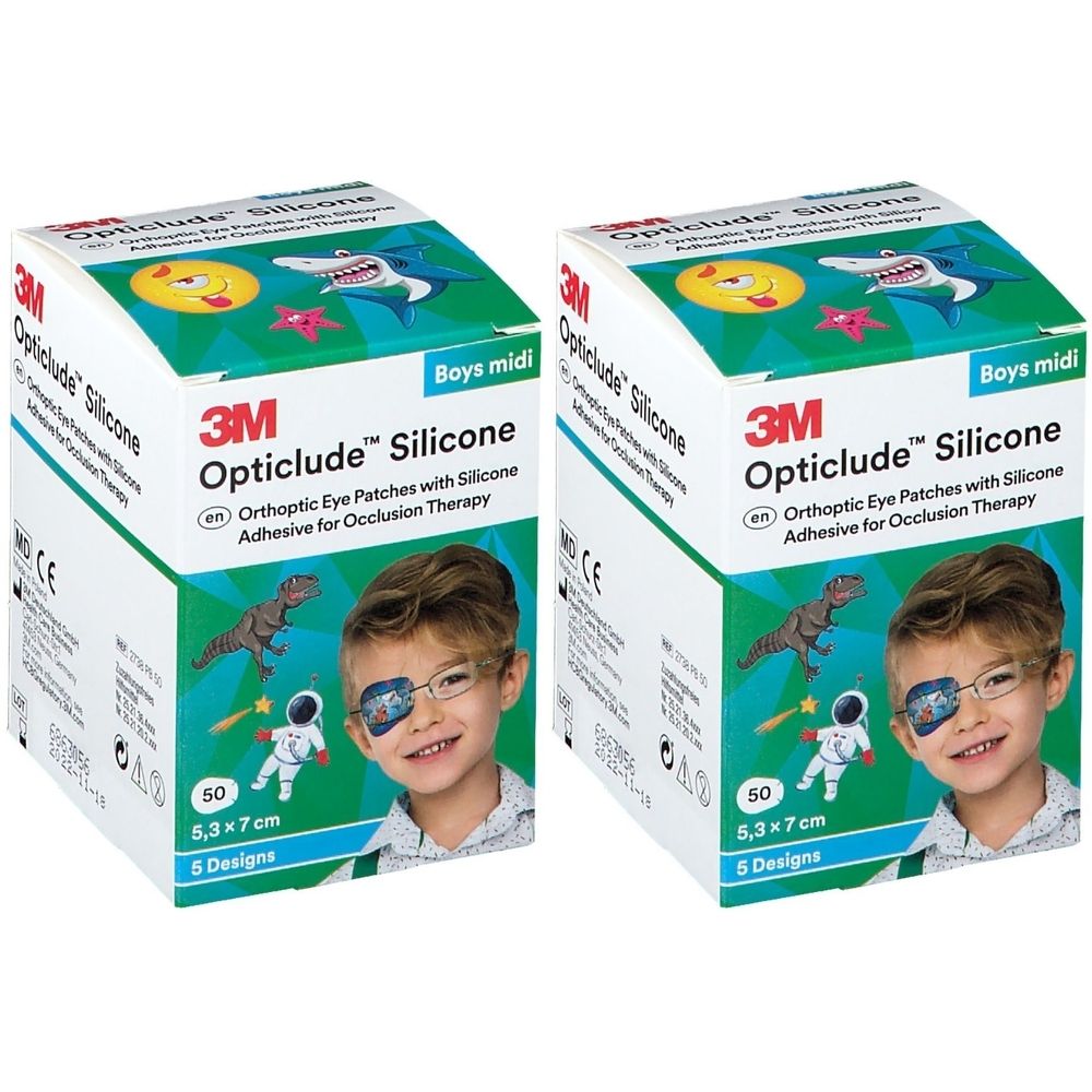 Deux boîtes de pansements oculaires 3M Opticlude Silicone. Inscription : 50 pièces, 5,3x7cm, 5 modèles. Illustration d'un garçon avec un cache-œil.