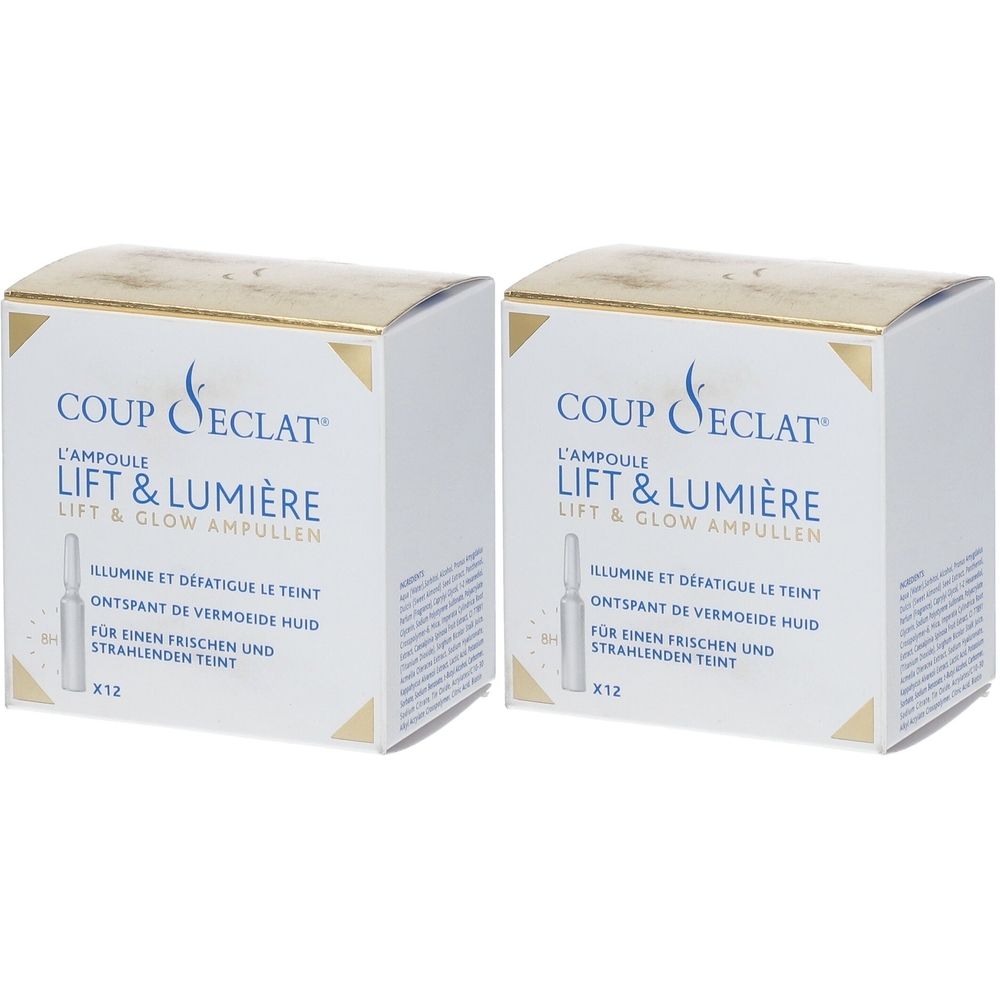 Deux boîtes blanches avec détails dorés. Inscription: Coup d'Éclat Lift & Lumière Ampoules. Contient 12 ampoules. Texte en allemand, français et néerlandais.
