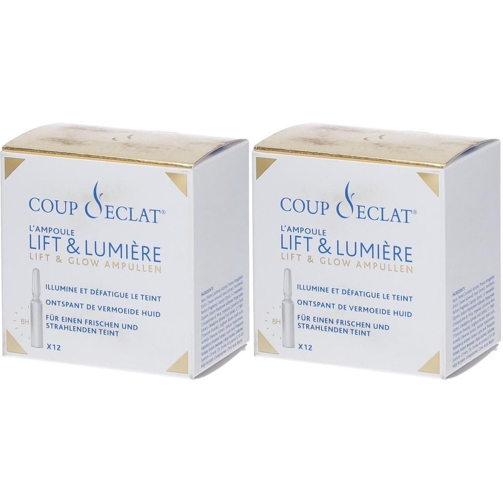 Zwei Coup d'Éclat® Lift & Lumière Ampullen-Verpackungen. Weiße Kartons mit goldfarbenen Akzenten und Produktbezeichnung.
