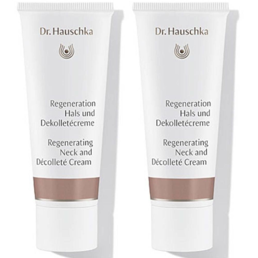 Twee crèmetubes. Opschrift: Dr. Hauschka, Regeneration Hals und Dekolletécreme, Regenerating Neck and Décolleté Cream.