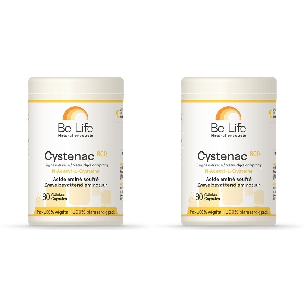 Twee cilindrische potten met Be-Life Cystenac 600. Opschrift: N-Acetyl-L-Cysteine, 60 capsules.