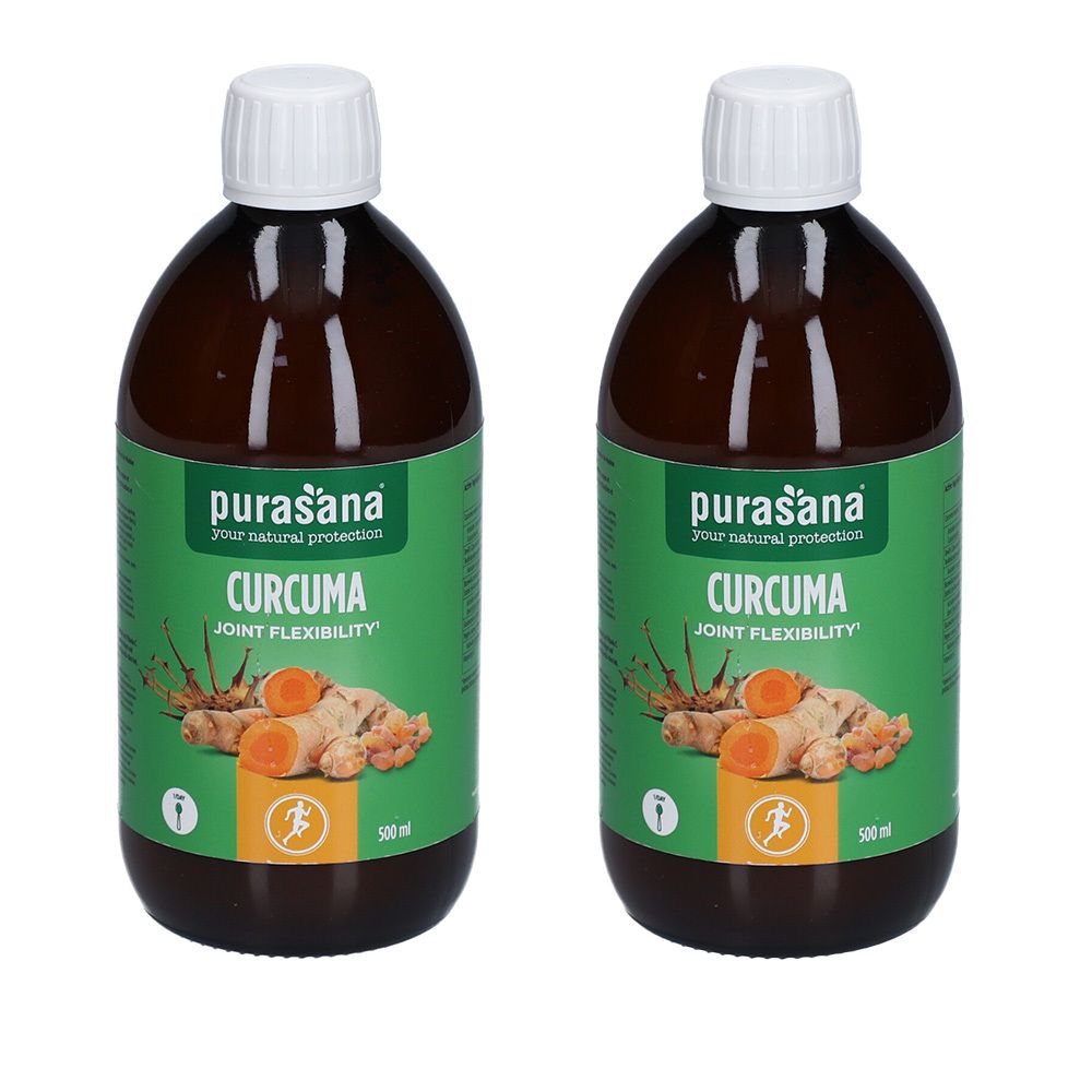 Twee flessen Purasana Curcuma Forte. Groene etiketten met productnaam, gemberillustratie en logo. Witte doppen.