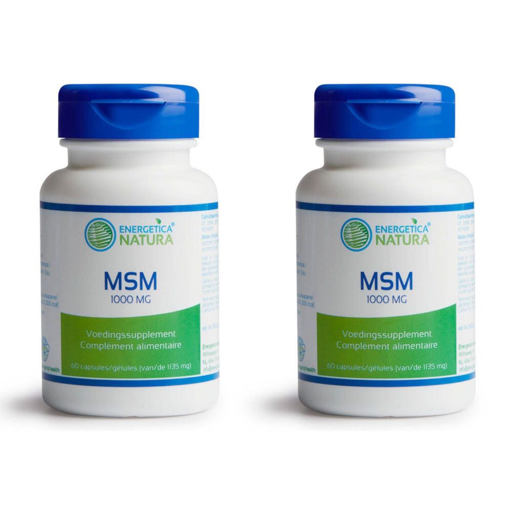 Twee witte flessen met blauwe dop. Opschrift: Energetica Natura MSM 1000 mg. Voedingssupplement.