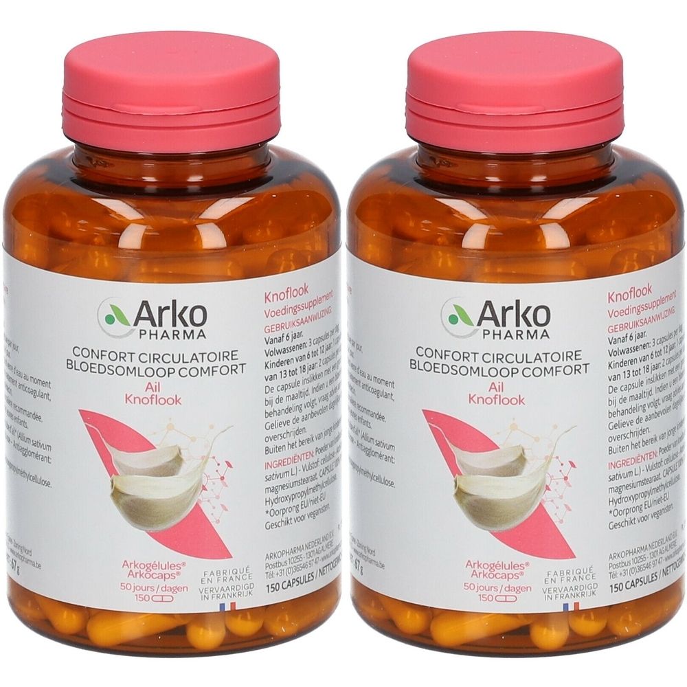 Deux flacons avec bouchons roses. Étiquette avec "Arko Pharma", "Confort Circulatoire Bloedsomloop Comfort Ail Knoflook".