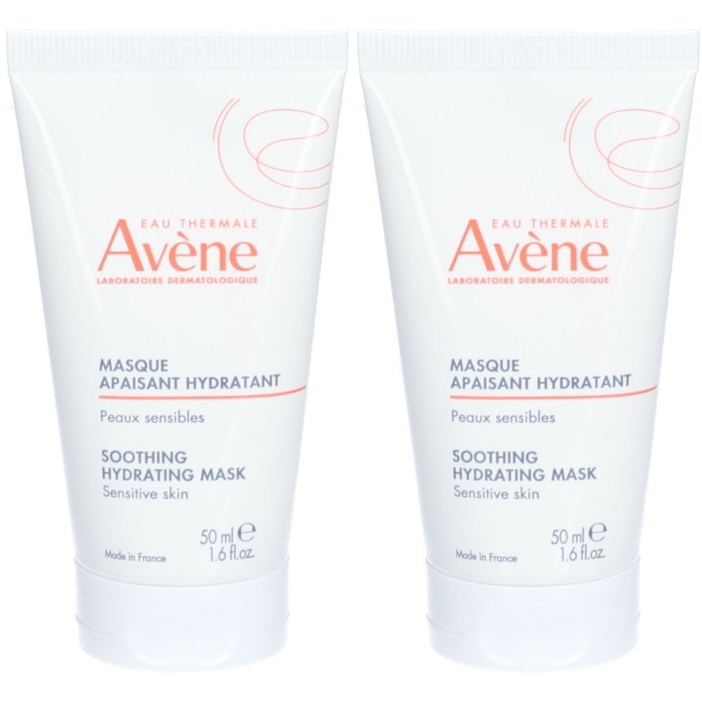 Twee tubes Avene gezichtsmasker. Wit, met rood logo en tekst. "Masque apaisant hydratant" en "50 ml" zijn zichtbaar.