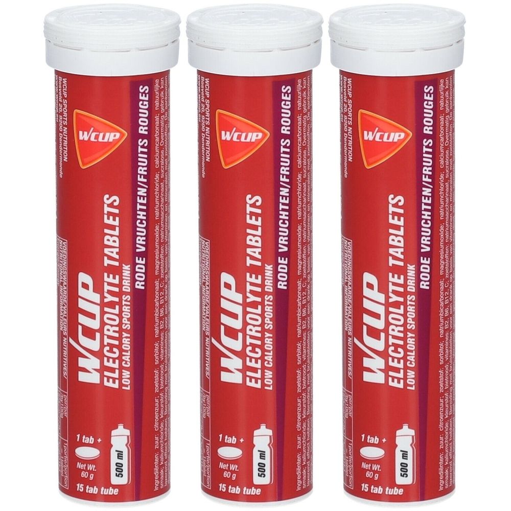 Drie rode buizen met witte doppen. Opschrift: WCUP Electrolyte Tablets, Rode Vruchten. 15 tabletten.