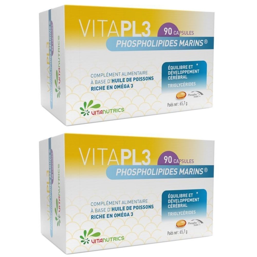 Twee dozen VitaPL3, 90 capsules, mariene fosfolipiden. Opschrift: Voedingssupplement op basis van visolie, rijk aan Omega 3.