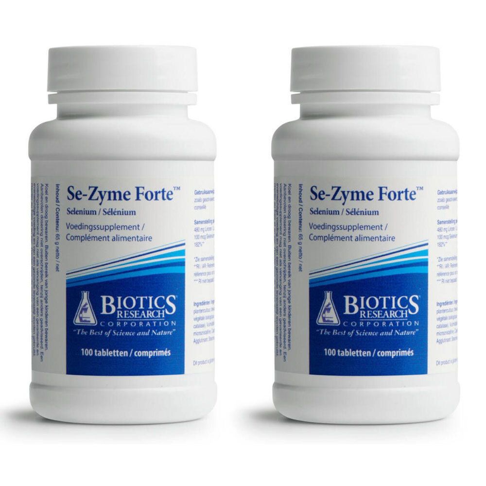 Deux flacons blancs "Se-Zyme Forte". Étiquette avec "Biotics Research Corporation" et "100 tabletten/comprimés".
