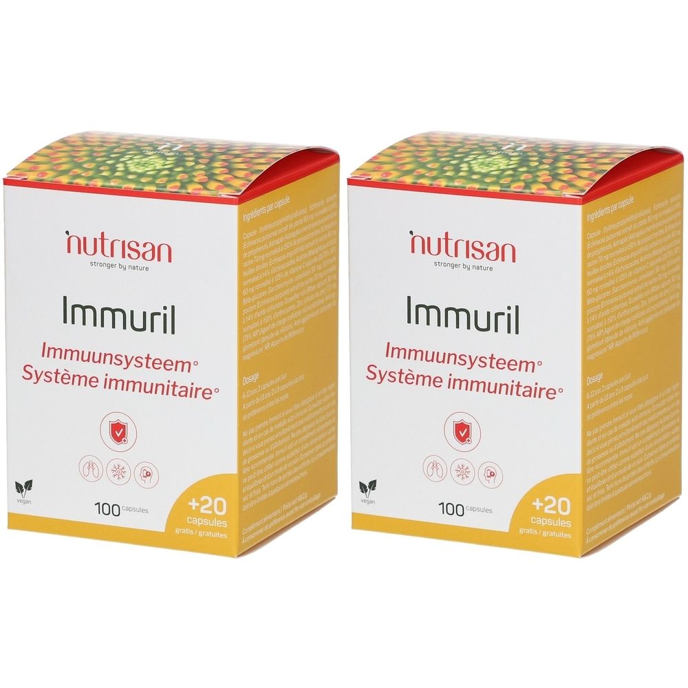 Twee dozen "Nutrisan Immuril". Tekst in het Nederlands en Frans. Bevat 100 + 20 capsules.