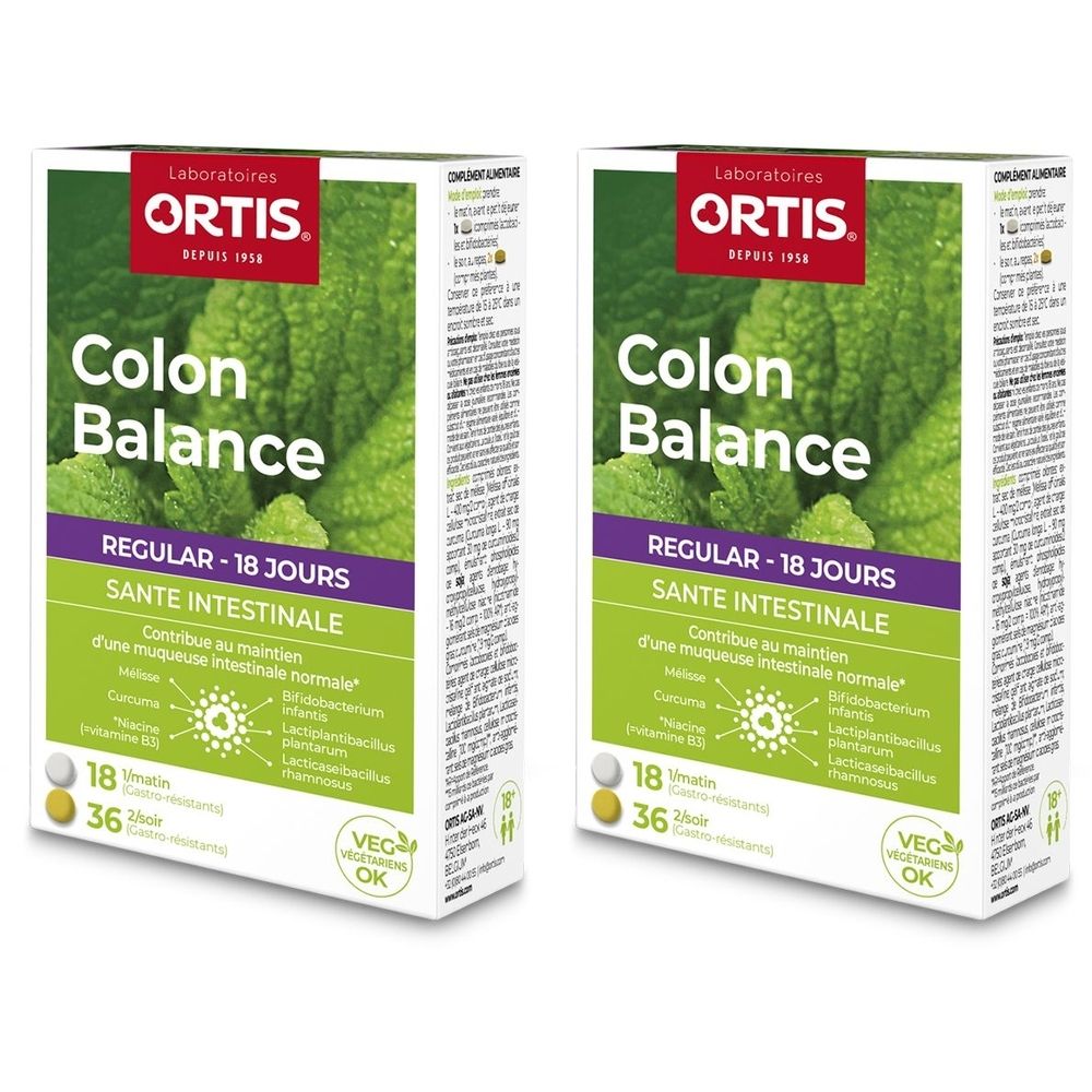 Deux boîtes Ortis Colon Balance. Inscription : Colon Balance, Regular - 18 jours, Santé Intestinale. Avec logo et texte.