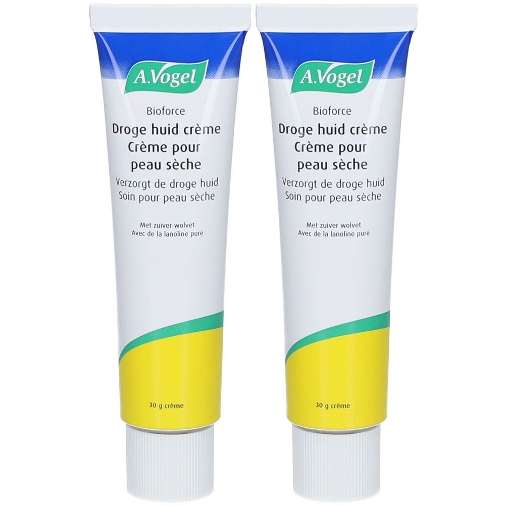 Deux tubes de crème A.Vogel Bioforce. Tubes blancs avec texte bleu et jaune. Texte: Droge huid crème, Crème pour peau sèche.