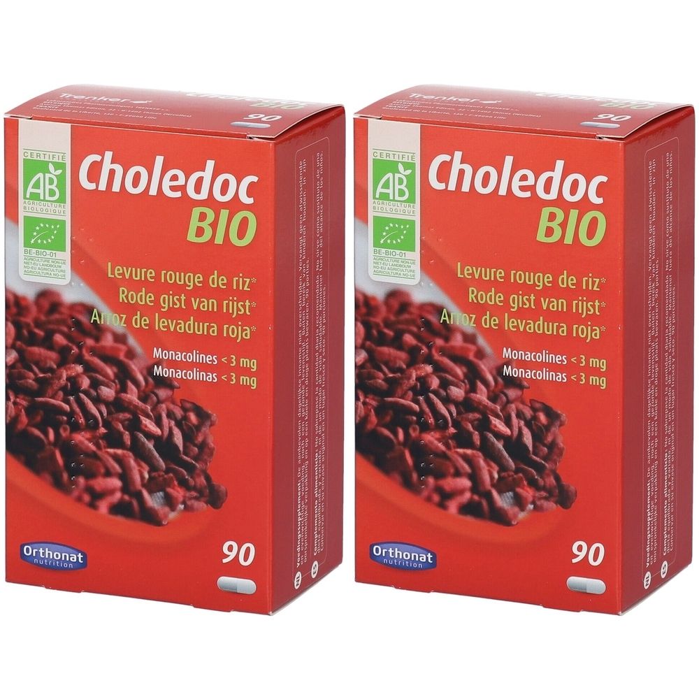 Twee rode dozen "Choledoc BIO". Bevatten 90 tabletten. AB-Bio certificering en "Orthonat" logo.