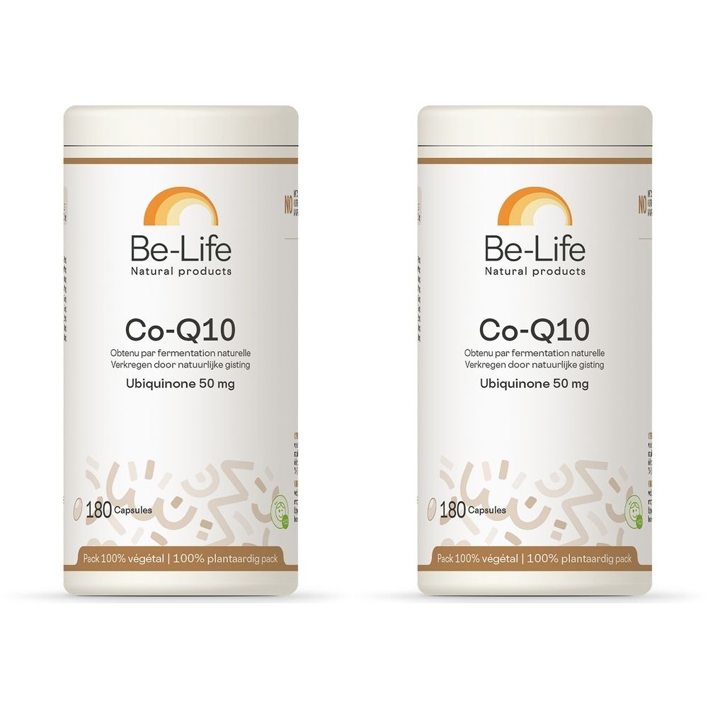Twee witte potten met opschrift Be-Life Co-Q10 50mg. Opschrift: 180 capsules. Oranje logo bovenaan. Opschrift: 100% plantaardig.