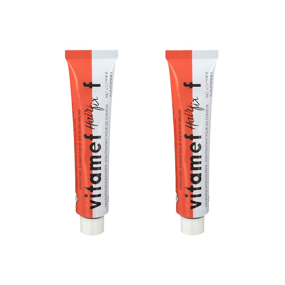 Deux tubes de Vitamef Hairfix. Design orange et blanc. Inscription : Hairfix, concentré pour les cheveux.