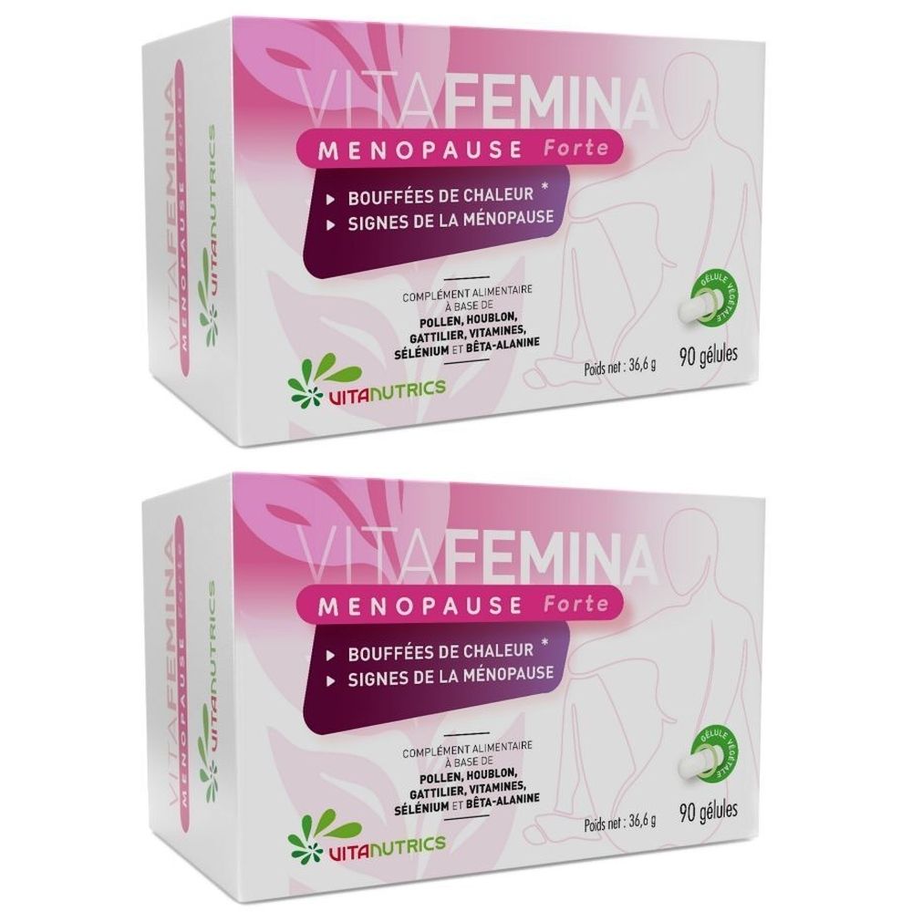 Twee dozen Vitanutrics Vitafemina Menopause Forte. Opschrift: Menopause Forte, tegen opvliegers en tekenen van de menopauze. 90 capsules.