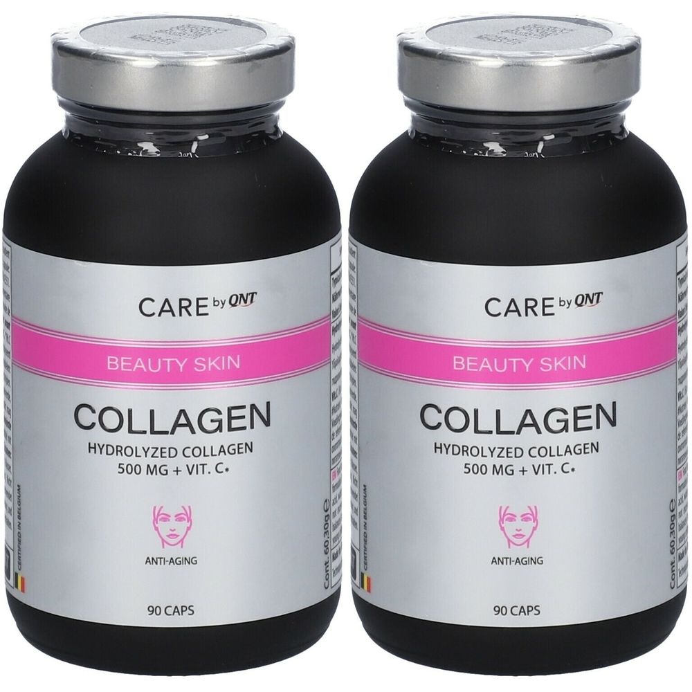 Deux flacons noirs avec bouchons argentés. Inscription: CARE by QNT, BEAUTY SKIN, COLLAGEN, 500 MG + VIT. C., 90 CAPS. Symbole anti-âge.