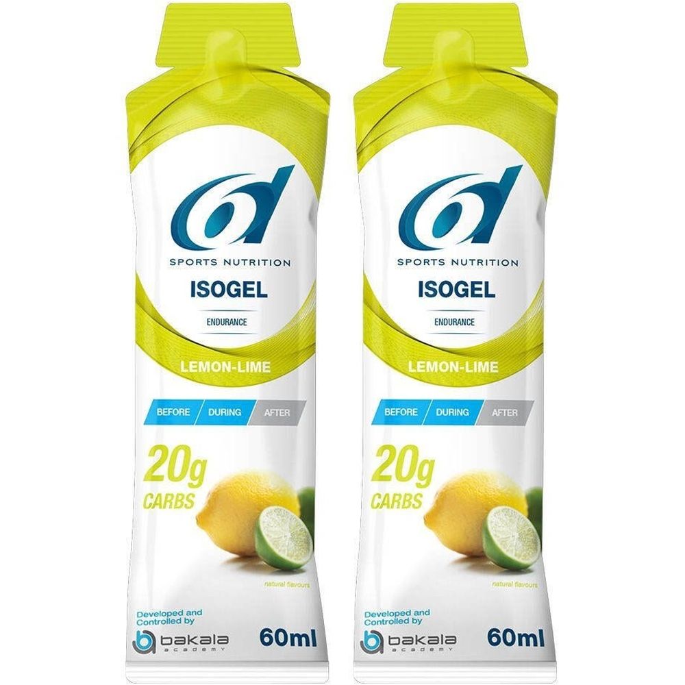 Deux sachets Isogel 6D Sports Nutrition, citron-citron vert. Contient 20g de glucides. 60ml. Avec citron et citron vert.