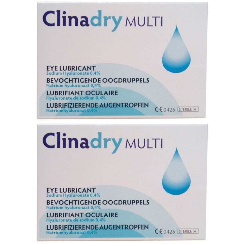 Deux boîtes blanches Clinadry MULTI. Inscriptions en plusieurs langues, goutte bleue. Marque CE0426.