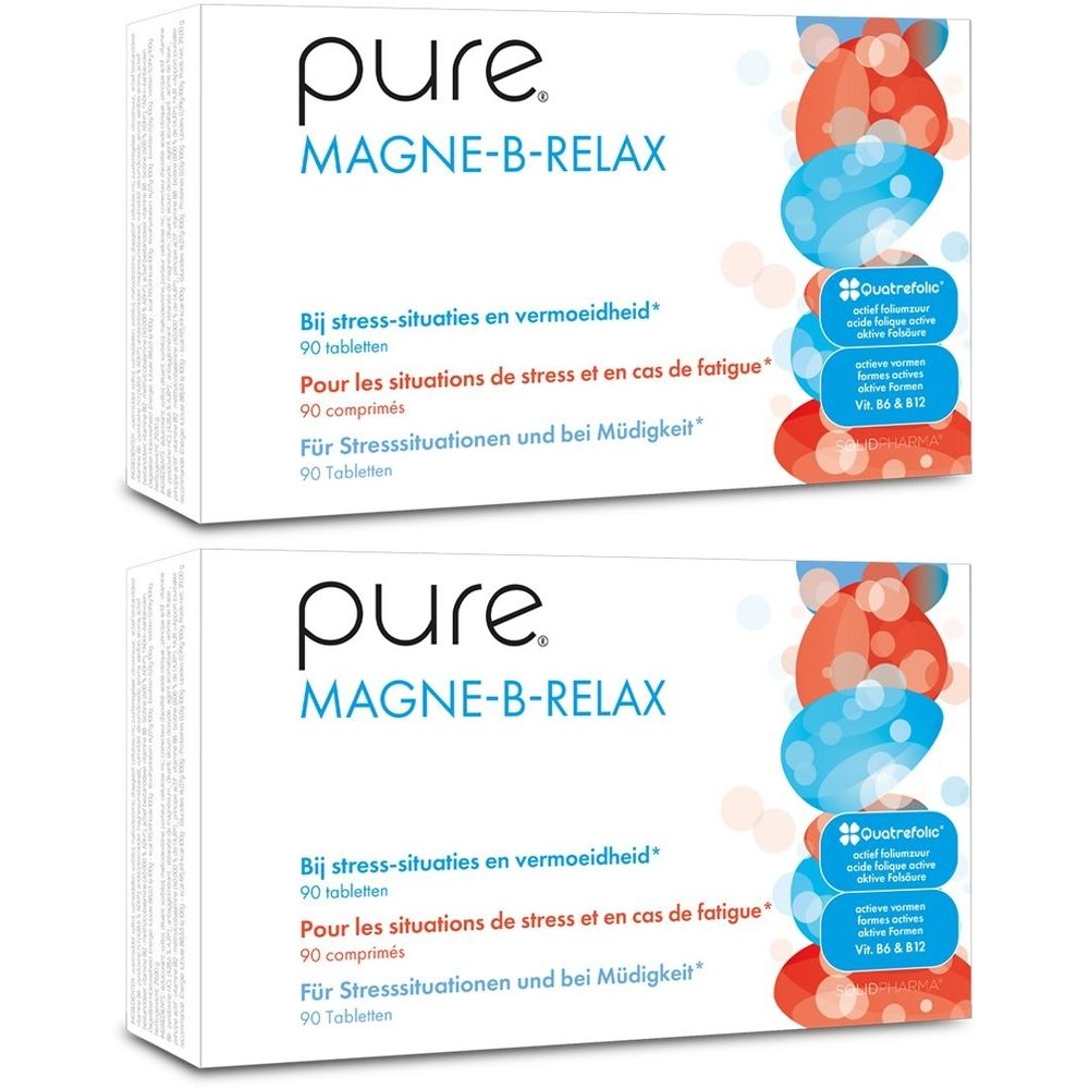 Twee dozen Pure Magne-B-Relax. Witte verpakking met productnaam en informatie in het Nederlands, Frans en Duits. 90 tabletten.