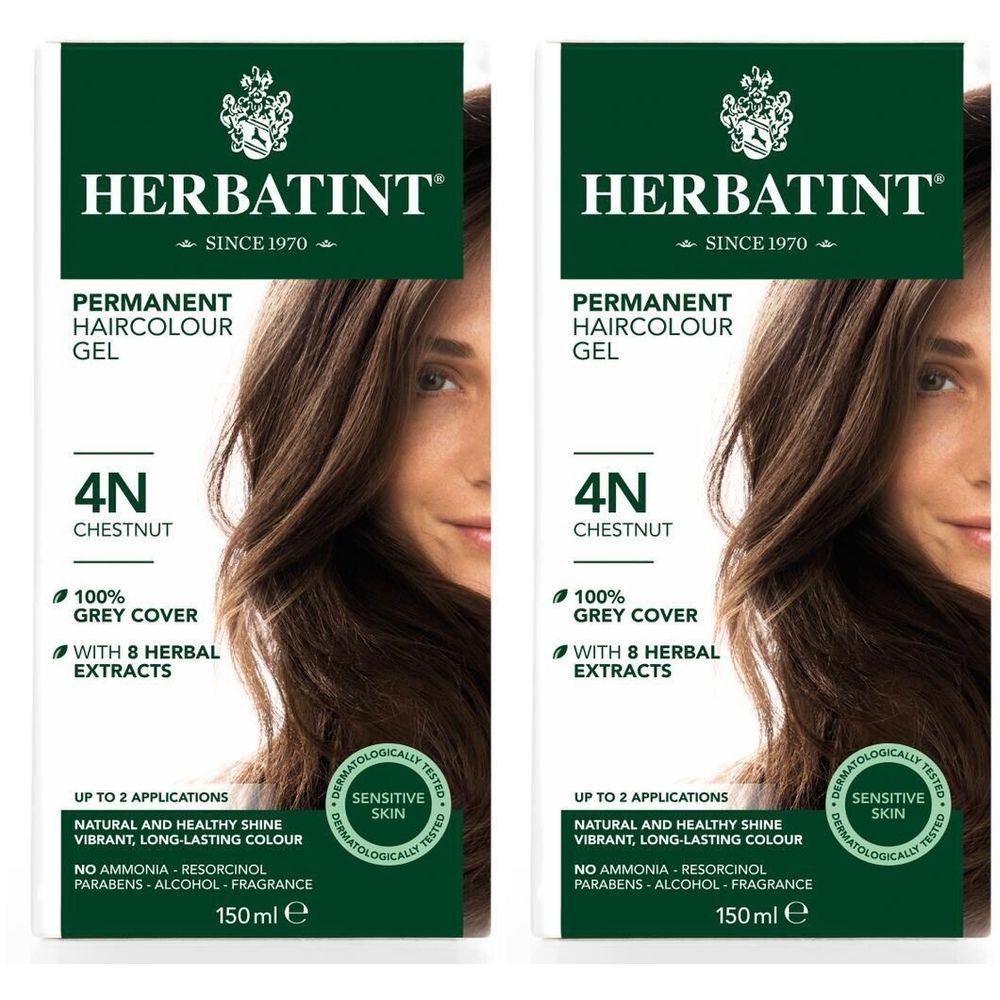Twee verpakkingen Herbatint 4N Châtain haarkleuring. Opschriften: Permanent, 100% grijsdekking, 8 kruidenextracten, 150ml.