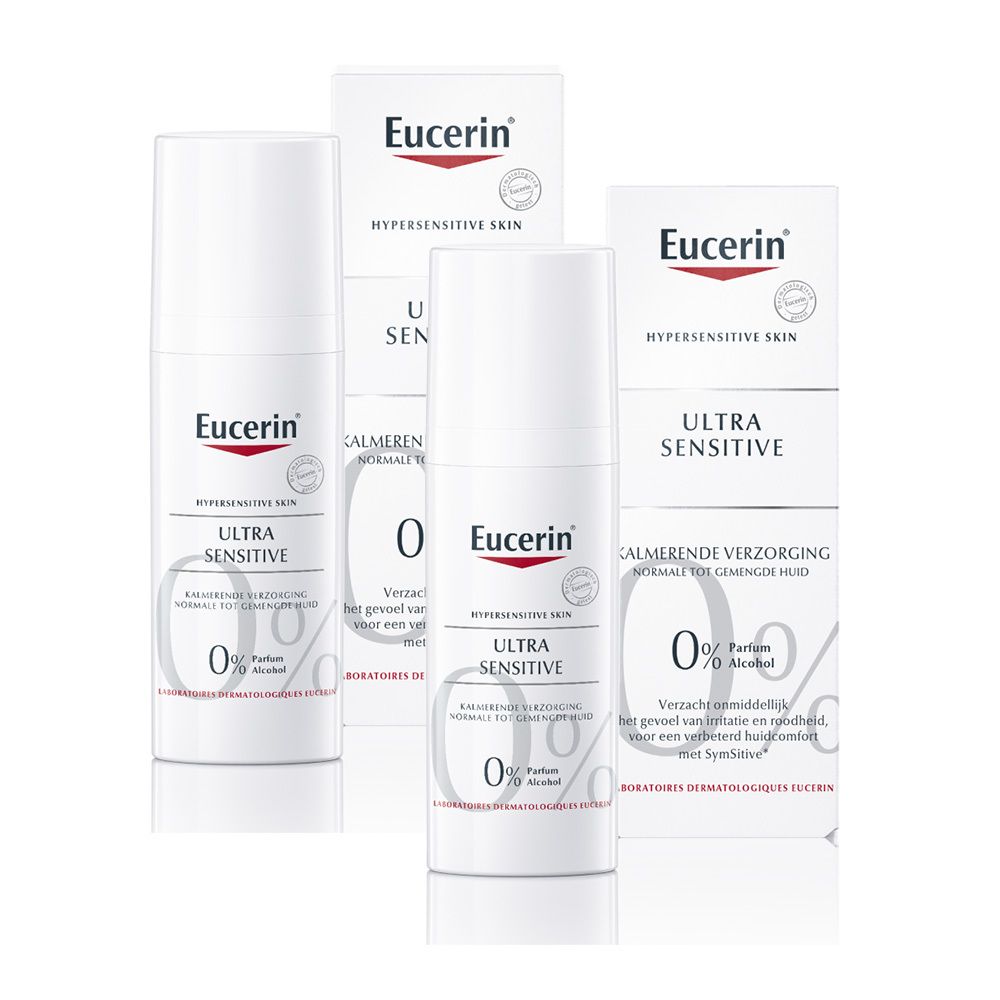 Plusieurs flacons et boîtes blancs avec Eucerin Ultra Sensitive. 0% parfum/alcool.
